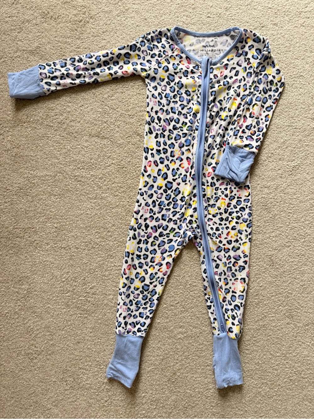 Unbranded Kids Leopard Print One-Piece Pajamas in Multi-Color with Blue Trim
